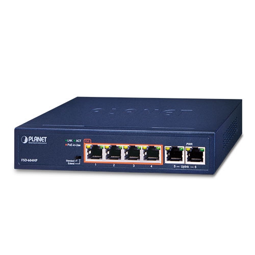 4-Port 10/100TX 802.3af/at PoE + 2-Port 10/100TX Desktop Switch (60 Watts) FSD-604HP