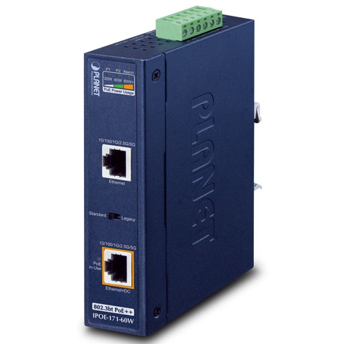 Industrial Single-Port Multi-Gigabit 802.3bt PoE++ Injector (60 Watts, -40~75 degrees C, 48~54VDC) IPOE-171-60W