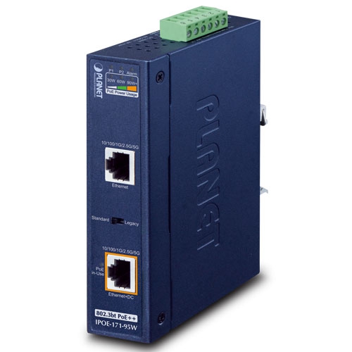 Industrial Single-Port Multi-Gigabit 802.3bt PoE++ Injector (95 Watts, -40~75 degrees C, 12~54V DC) IPOE-171-95W