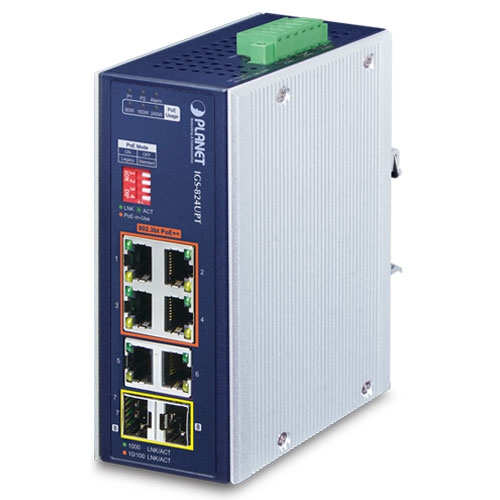 Industrial 4-Port 10/100/1000T 802.3bt PoE + 2-Port 10/100/1000T + 2-Port 100/1000X SFP Gigabit Ethernet Switch IGS-824UPT