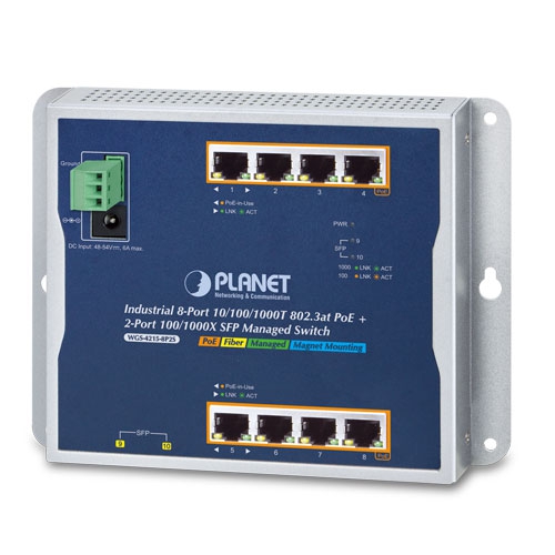 Industrial 8-Port 10/100/1000T 802.3at PoE + 2-Port 100/1000X SFP Wall-mount Managed Switch WGS-4215-8P2S