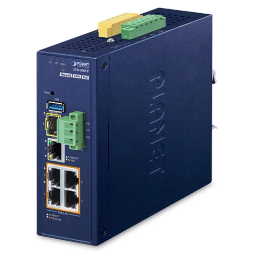 Industrial 4-Port 10/100/1000T 802.3at PoE + 1-Port 10/100/1000T + 1-Port 1000X SFP VPN Security Gateway IVR-300FP