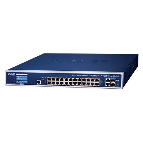 L3 24-Port 10/100/1000T 802.3bt PoE + 2-Port 10GBASE-T + 2-Port 10G SFP+ Managed Switch with LCD Touch Screen and Redundant Power GS-6320-24UP2T2XV