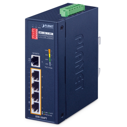 Industrial 5-Port 10/100TX Ethernet Switch with 4-Port 802.3at PoE+ ISW-504PT