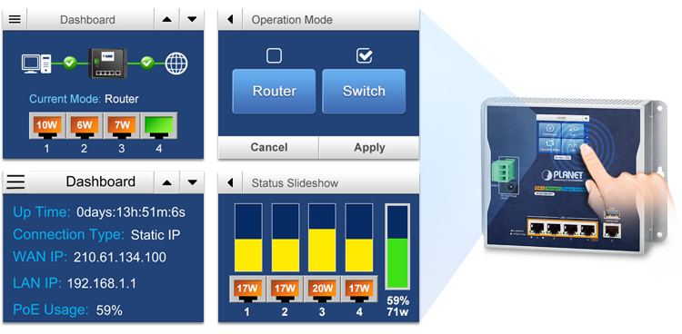 Industrial Touch LCD Flat-type Ethernet Switch and Router